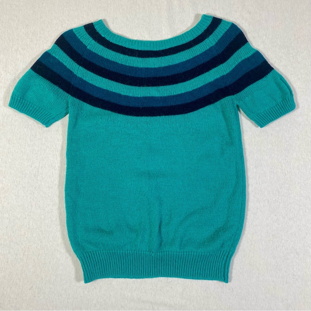 VTG teal blue + black striped short sleeve fitted sweater scoop neck
